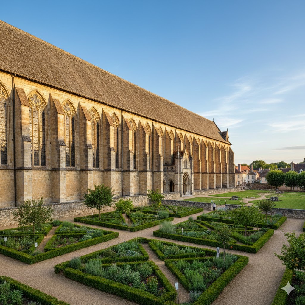Vue extérieure de l'Hôtel-Dieu de Tonnerre avec sa grande salle médiévale et ses jardins de simples récemment rénovés.