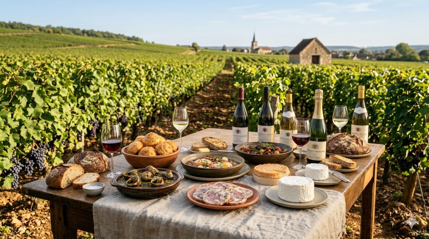 able de spécialités bourguignonnes dressée dans un vignoble avec bœuf bourguignon et vins locaux