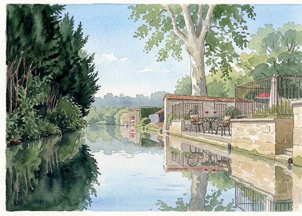 Riverside terrace and canoe access at Le Clos de l’Armançon in Tonnerre